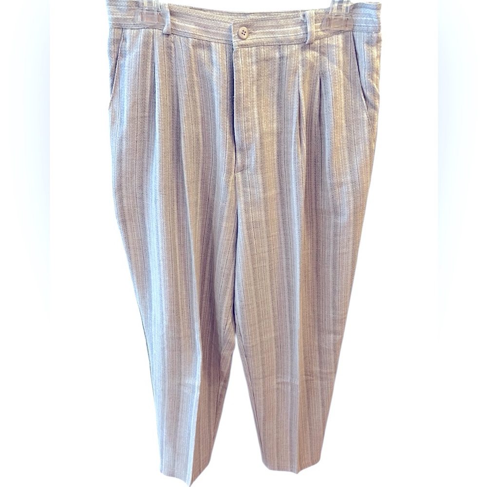 Tan/Cream/Khaki Striped Flax/Polyester Straight Leg Pants by Briggs NY.  Size=12